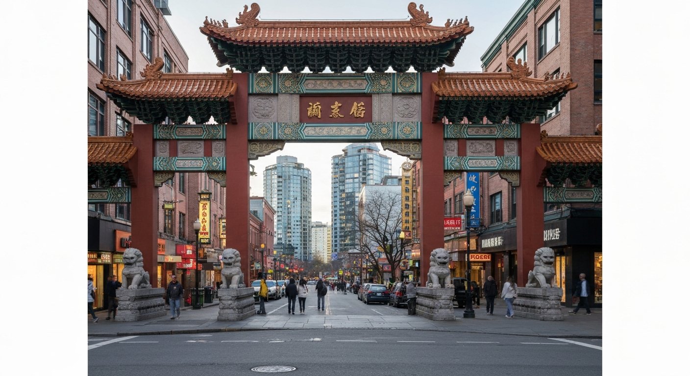 the Millennium Gate spanning West Pender in Chinatown, terracotta-tiled arches and granite lions at late-afternoon light