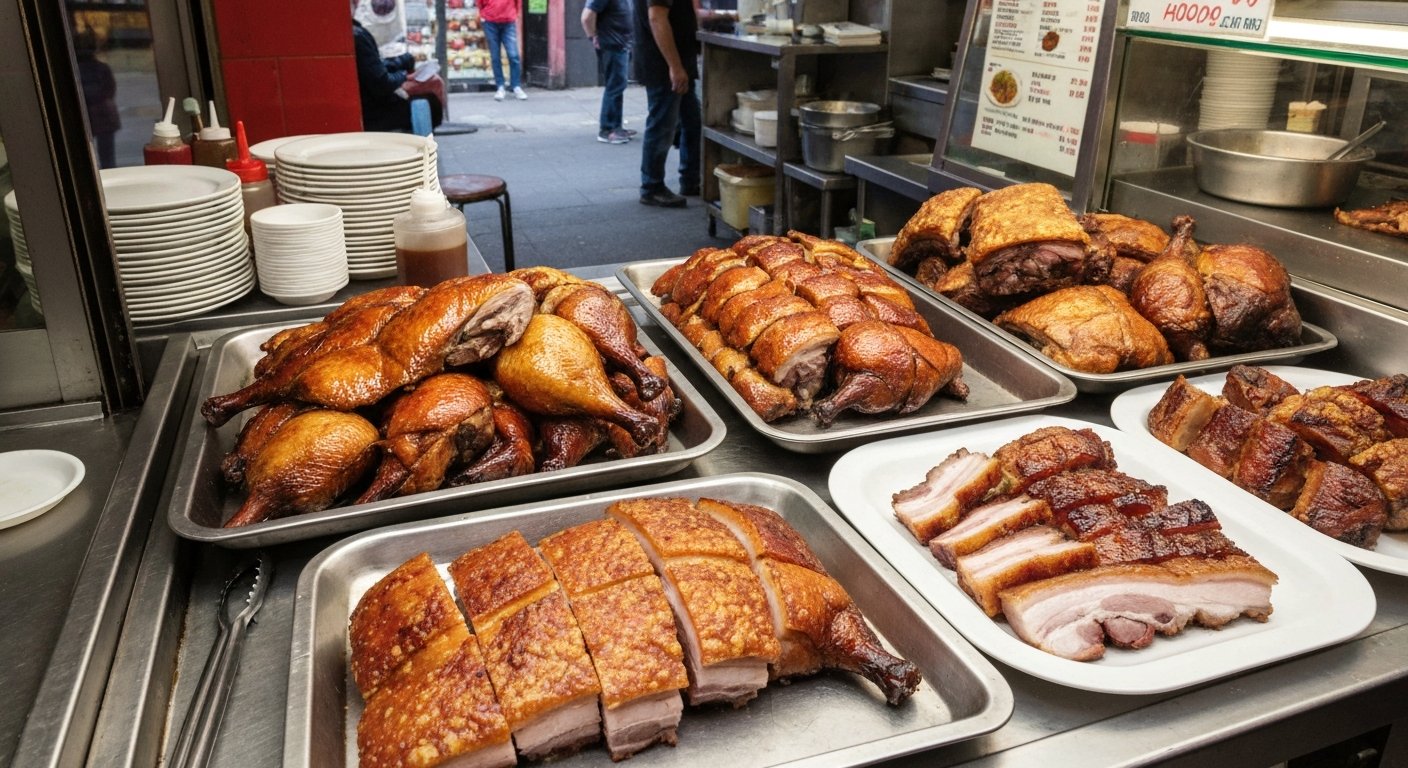 roast duck, crispy pork belly and char siu at Chinatown BBQ on East Pender, glossy meats behind the counter in a compact old-school room