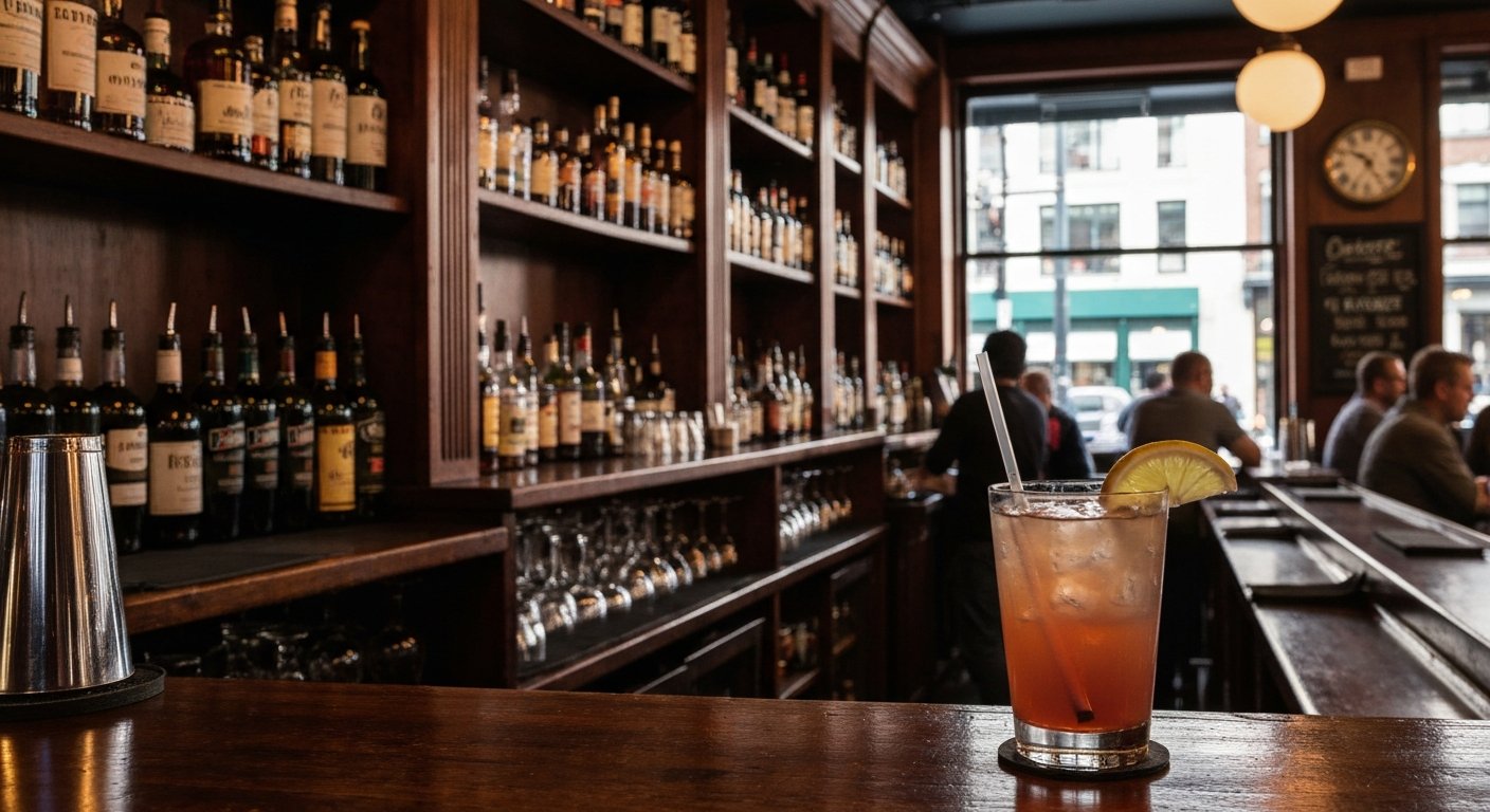 the dimly lit interior of The Keefer Bar on Keefer, apothecary shelves, backlit bottles and a Sweet & Sour cocktail on the bar