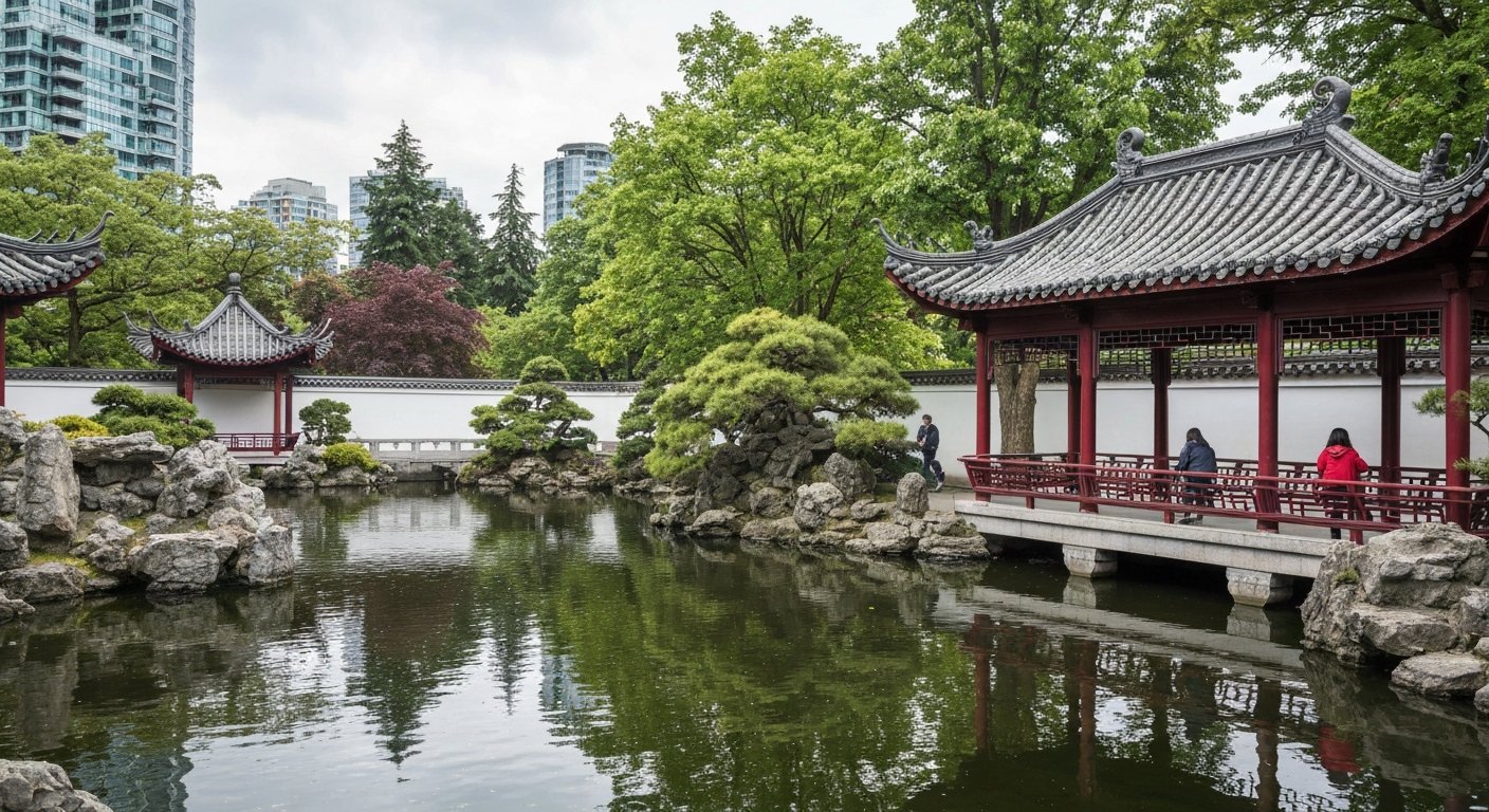 a quiet pond and pavilion in the Dr. Sun Yat-Sen Classical Chinese Garden on Carrall, rockwork and lattice details in soft daylight