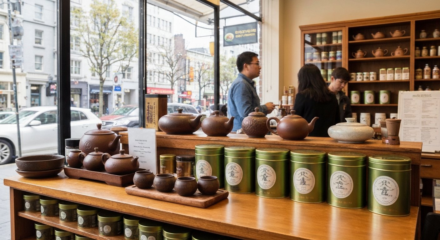 loose-leaf tea tasting at Treasure Green Tea Company on East Georgia, Yixing teaware and tins of oolong arranged on a wooden counter