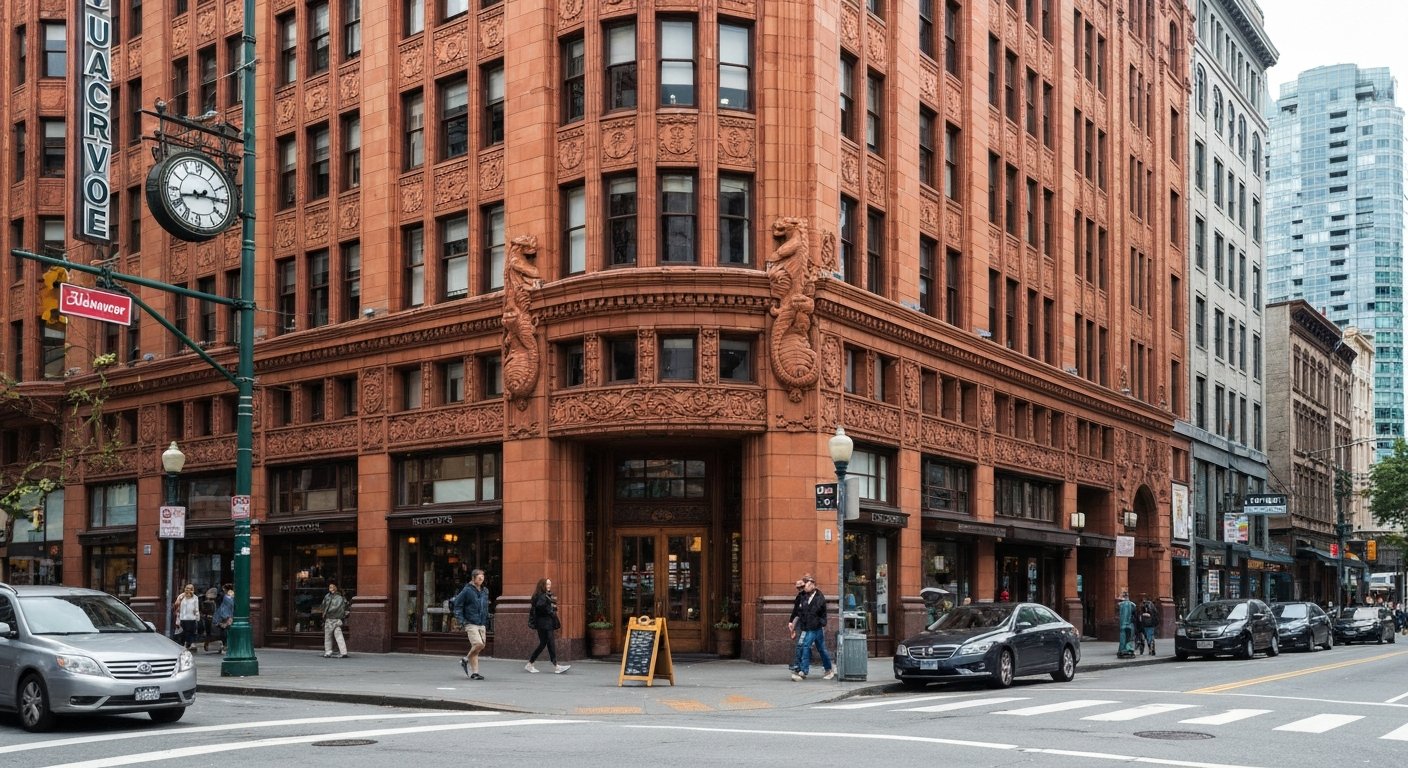 the ornate terracotta facade of Vancouver’s Marine Building on Burrard Street, shot from street level with Art Deco details and seahorses visible