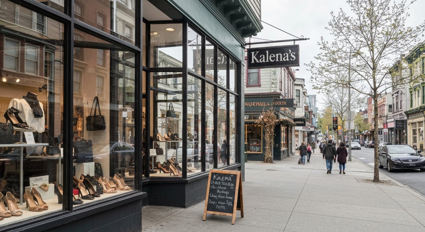 Kalena’s storefront at 1526 Commercial on a bright afternoon, Italian-made shoes and handbags displayed behind the window on Commercial Drive