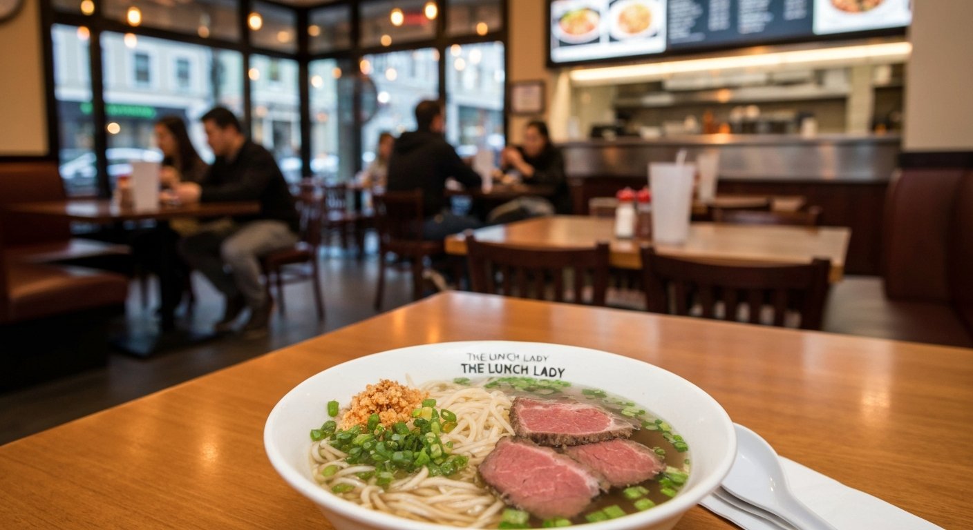 The Lunch Lady at 1046 Commercial, with a bowl of wagyu pho and garlic noodles on the table, warm restaurant light and a busy dining room in the background