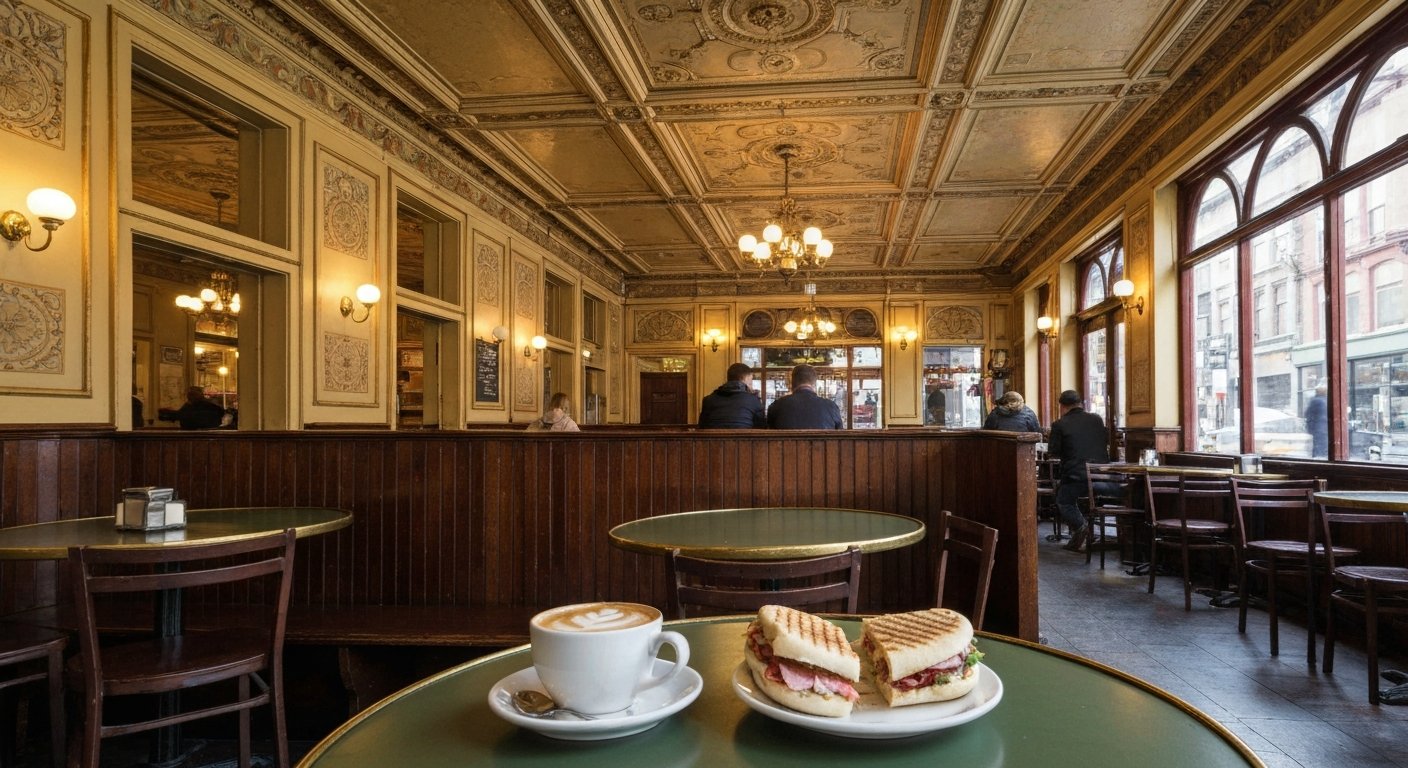 Café Calabria’s vintage interior at 1745 Commercial, baroque ceiling details above a macchiato and panini on a small table