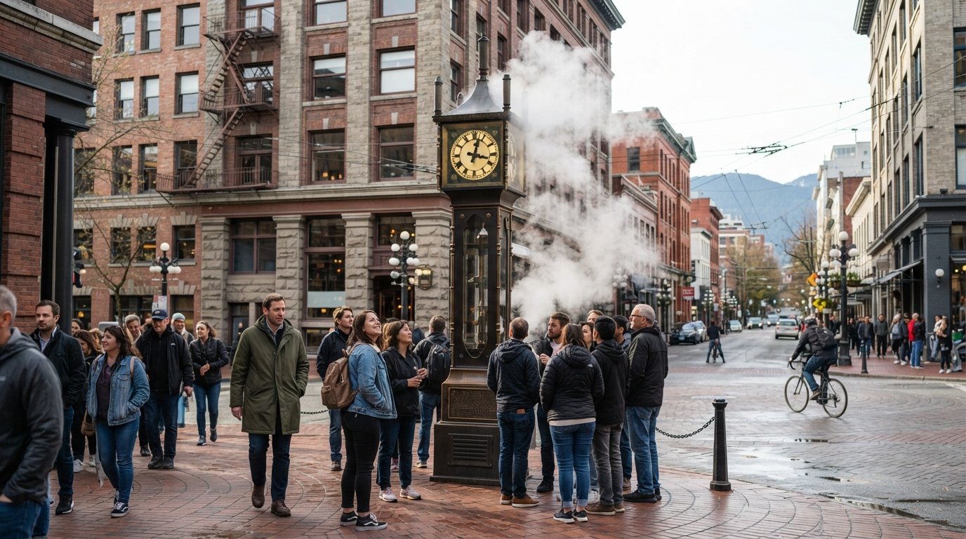 the Gastown Steam Clock on the corner of Water and Cambie at a busy quarter-hour, steam rising through the crowd with heritage brick buildings behind it