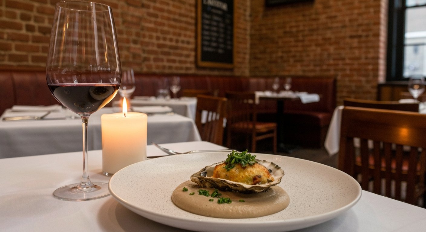 a candlelit table at L’Abattoir in its restored 1890s brick interior, with a baked Pacific oyster in truffle purée plated in the foreground