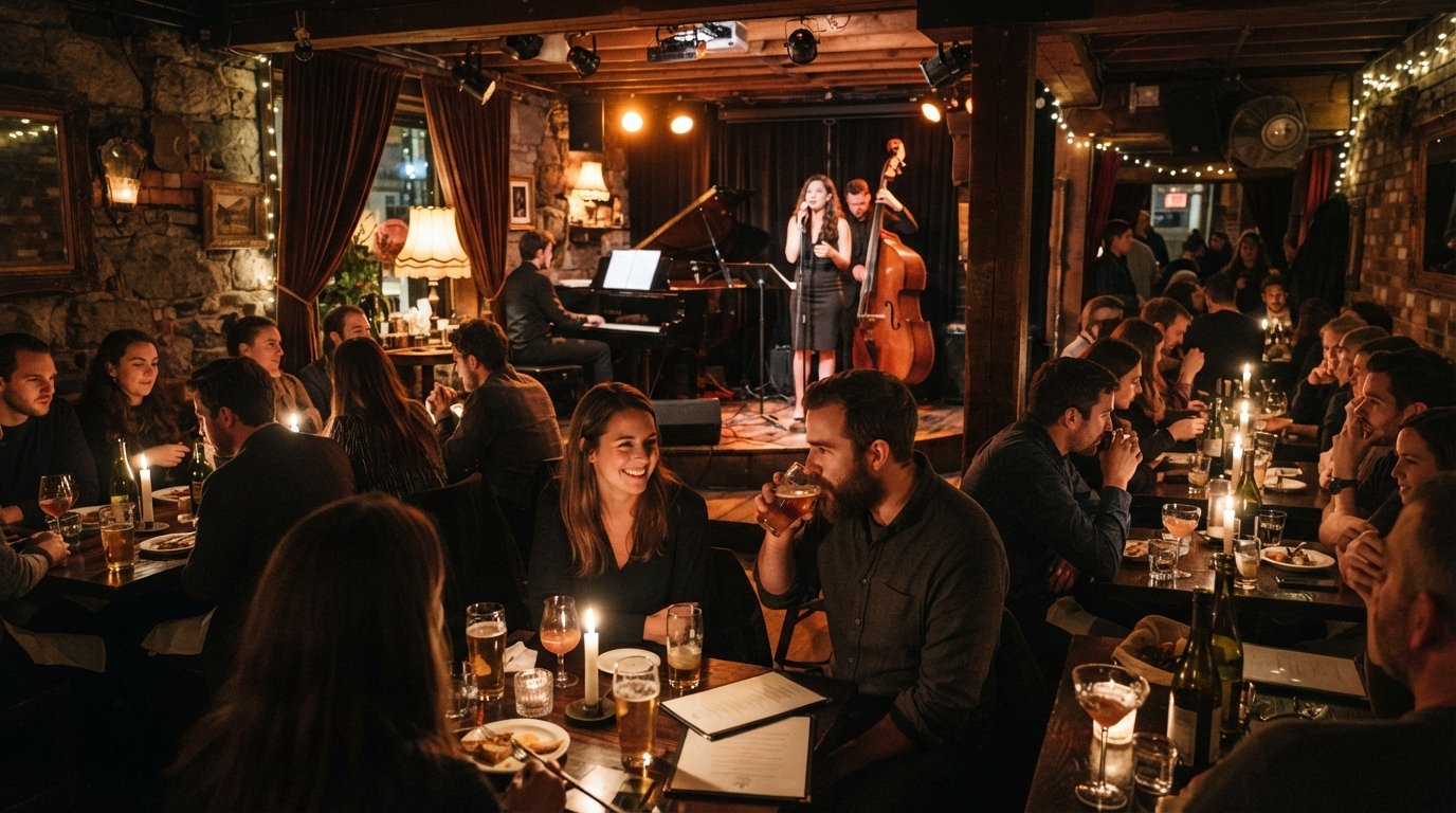 the candle-lit basement room at Guilt & Co. on Maple Tree Square, small stage lit for a live jazz set and tables packed close together