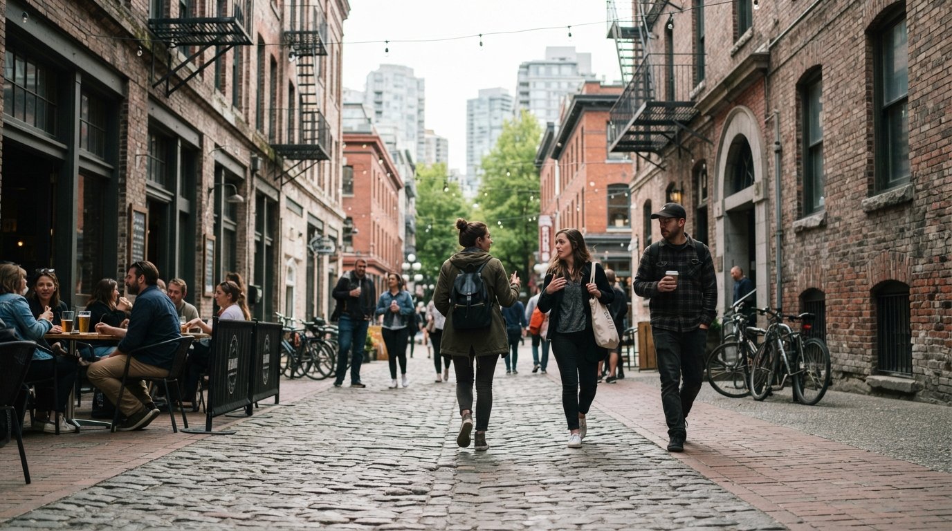 Blood Alley Square at daylight, narrow heritage paving and brick walls creating one of Gastown’s most atmospheric photo corners