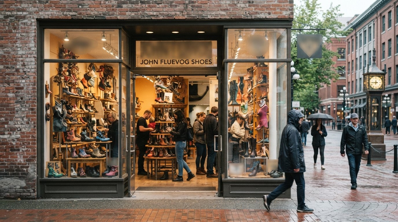 the glass-fronted John Fluevog Shoes flagship on Water Street, sculptural footwear visible inside under soft daylight
