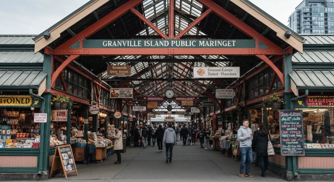 entrada do Granville Island Public Market em manhã de dia de semana, com barracas de vendedores, placas penduradas e primeiros compradores circulando pelo galpão histórico