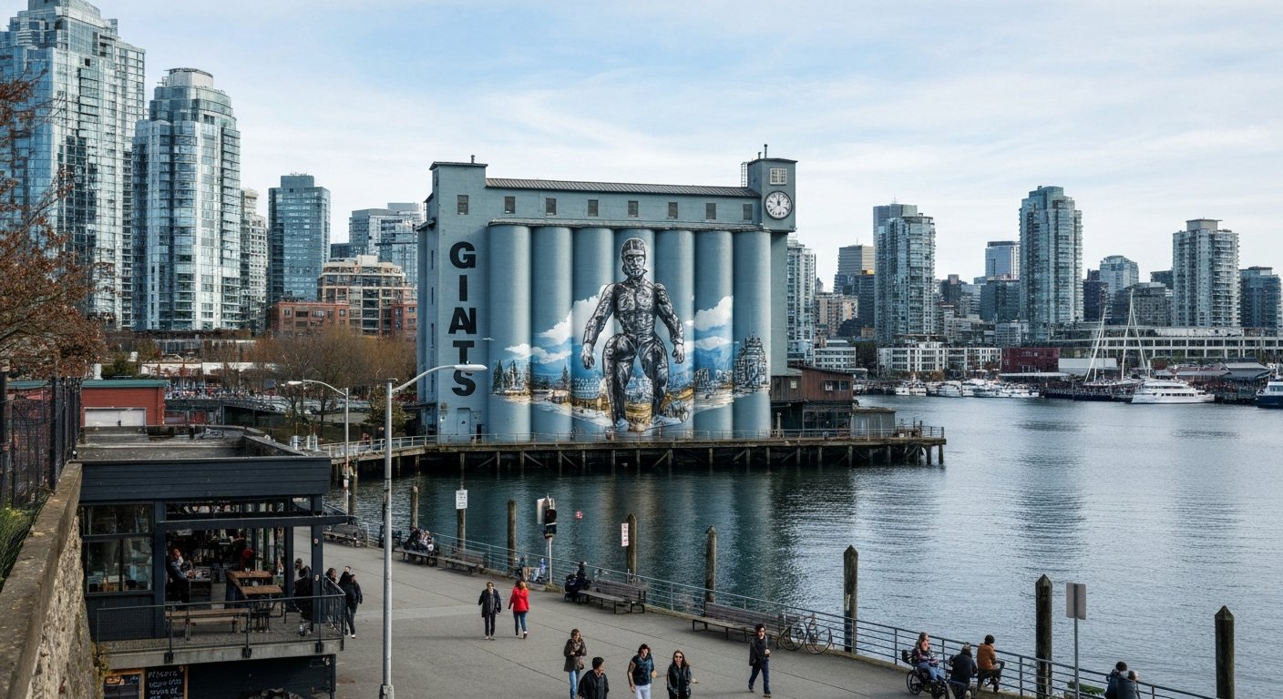 seis silos pintados da Ocean Concrete com o mural dos Gigantes elevando-se sobre Granville Island, False Creek e o horizonte do centro ao fundo