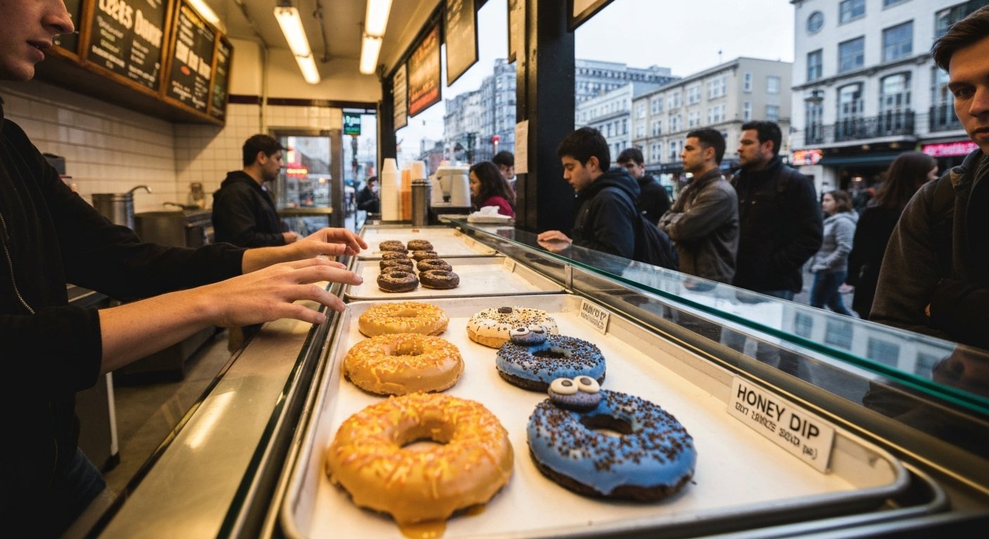 balcão da Lee's Donuts com honey-dip e anéis Cookie Monster sob luzes brilhantes do mercado, mãos alcançando a vitrine de vidro
