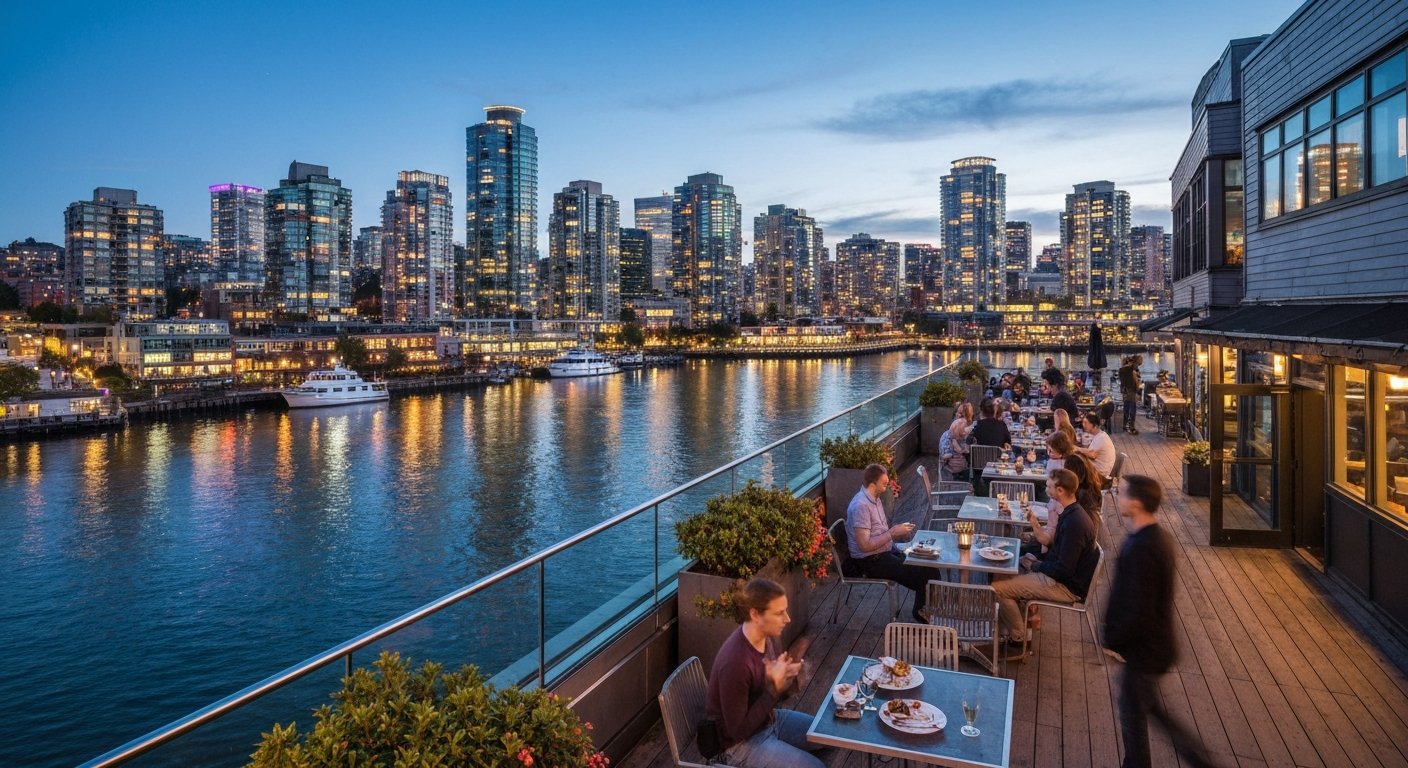 terraço na cobertura do Sandbar Seafood Restaurant ao entardecer, água de False Creek abaixo e as torres do centro brilhando do outro lado do canal