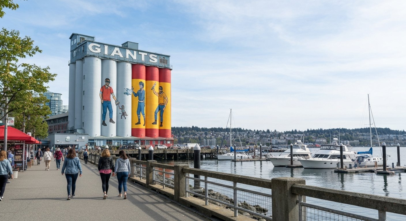 os silos dos Gigantes na Ocean Concrete vistos do caminho à beira-mar, com figuras murais brilhantes se elevando sobre pedestres e barcos atracados