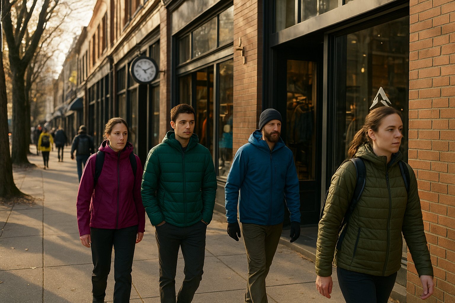 West 4th shoppinggata med Arc'teryx och Patagonia butiksfront, fotgängare i teknisk ytterkläder och eftermiddagsljus på trottoaren