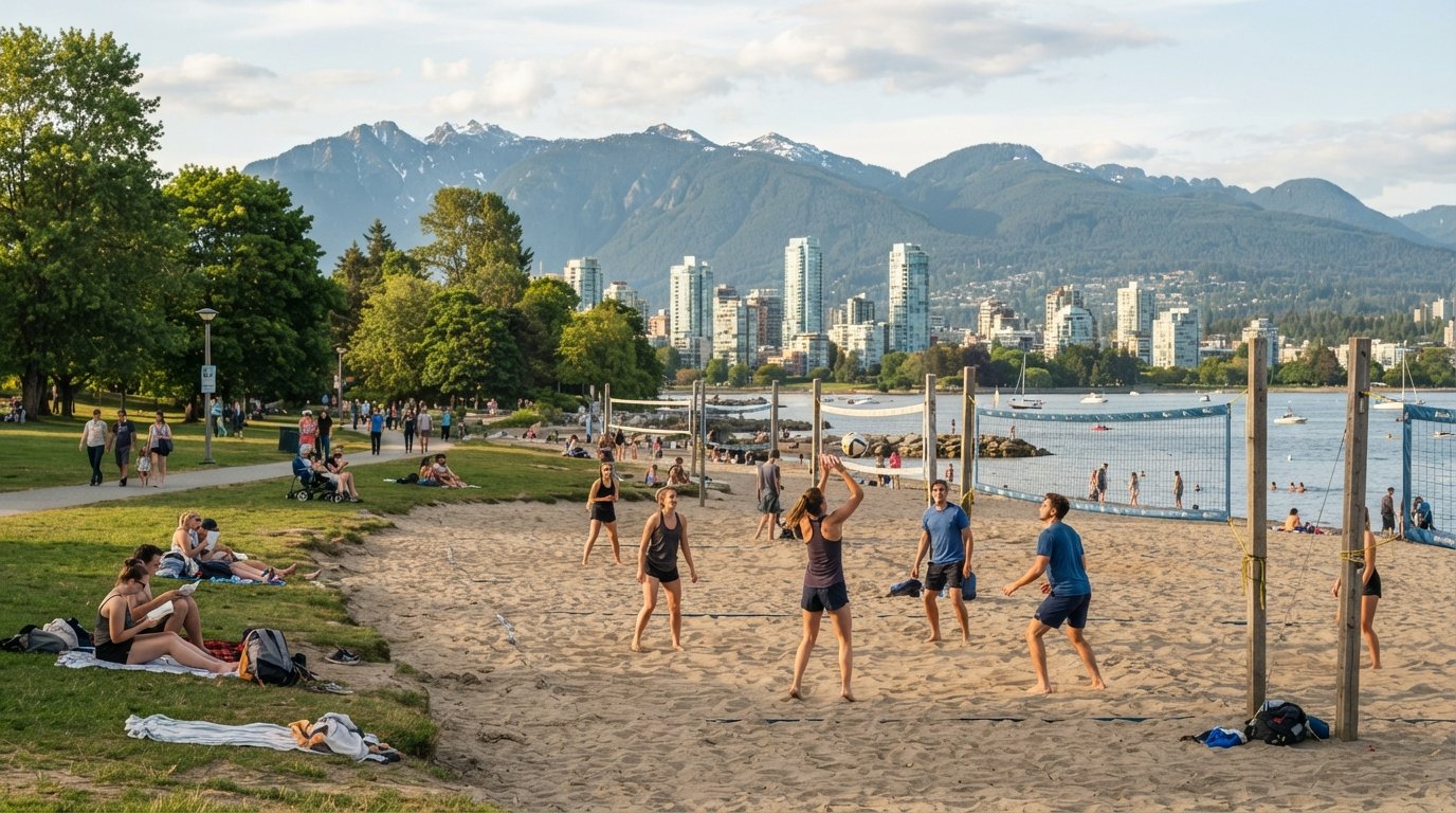 Kitsilano Beach sen eftermiddag med volleybollnät, sand, gräsparkskant och stadens skyline och North Shore-bergen över English Bay
