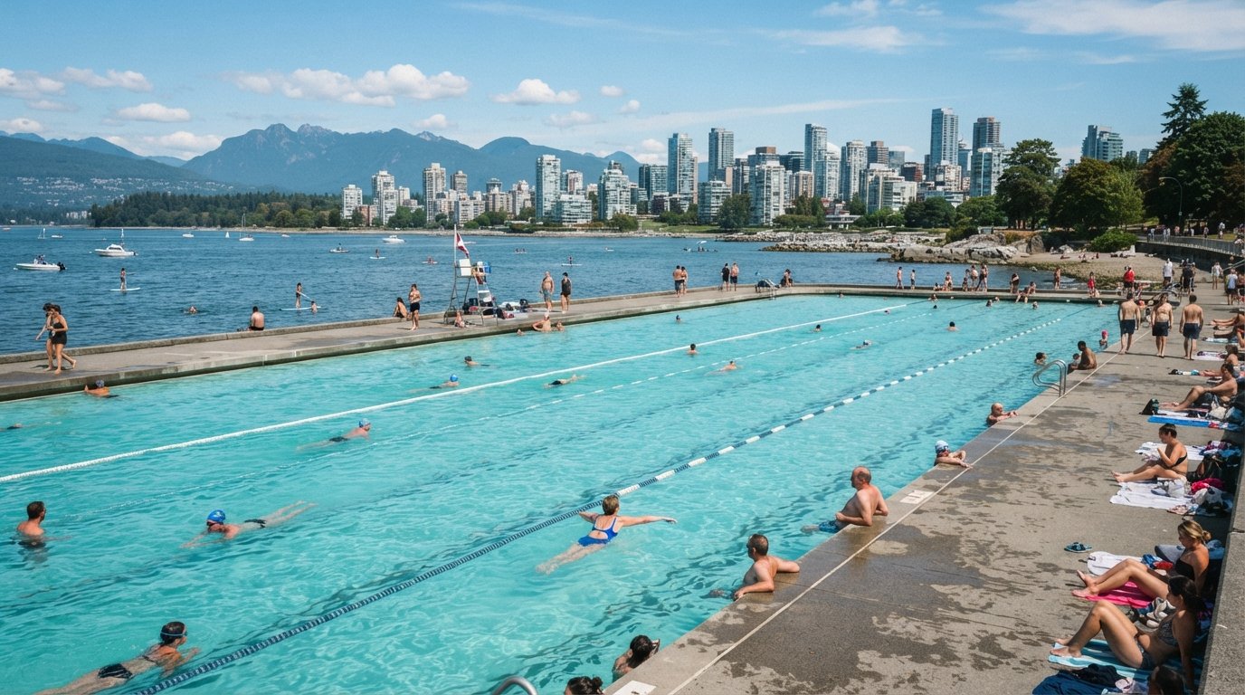 Kitsilano Pool längs strandlinjen bredvid English Bay, långa saltvattenbanor med havet och skyline bortom en ljus sommardag