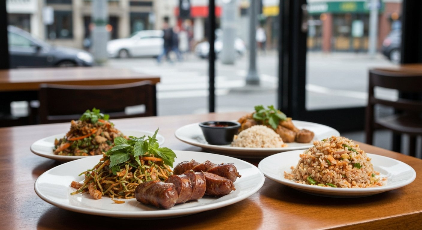 upplagda thailändska rätter på Maenam på West 4th, familjerätter med örter, grillad korv och krispig risssallad på ett varmt restaurangbord