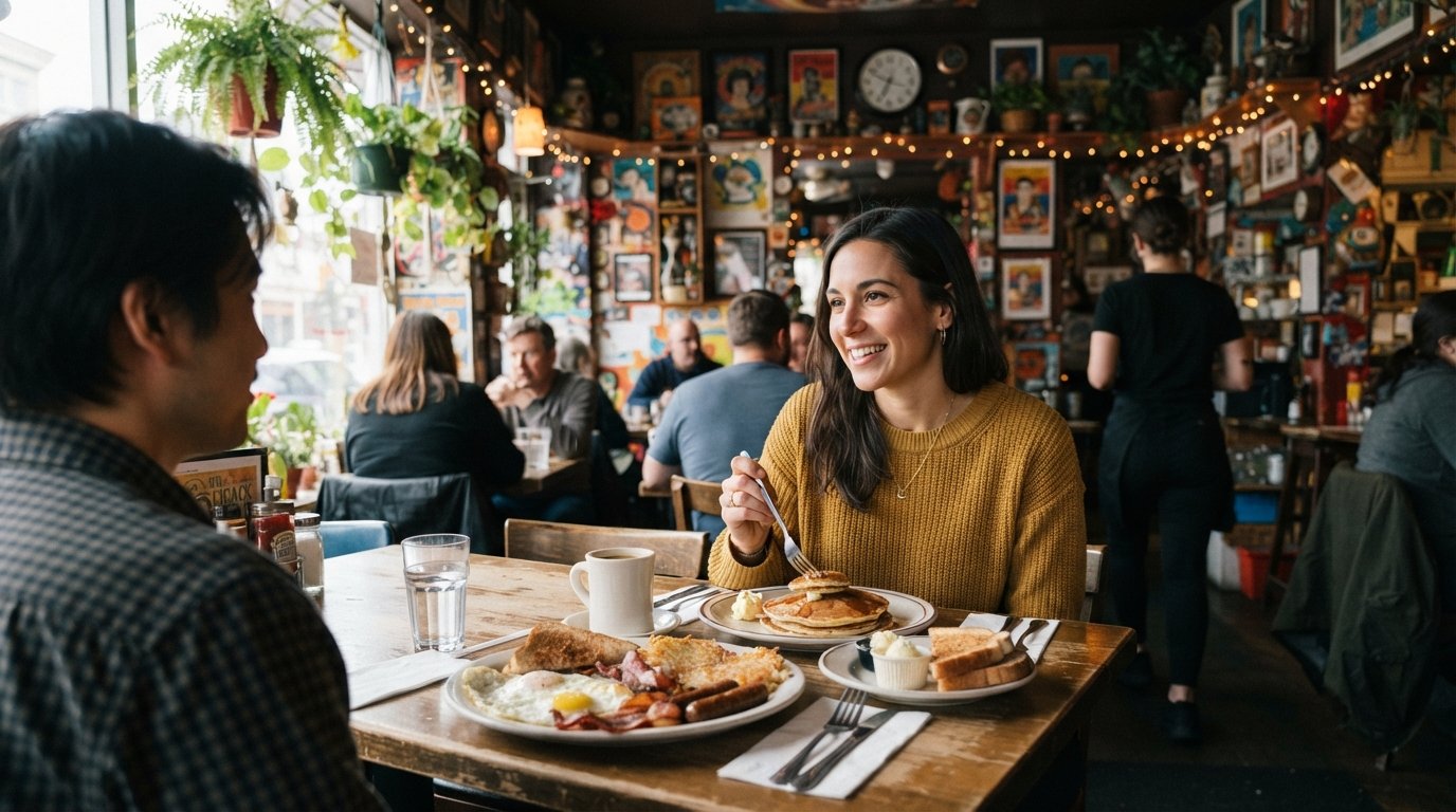 det retro, växtfyllda matrummet på Sophie's Cosmic Cafe med 4th Avenue Lumberjack-frukosten på bordet