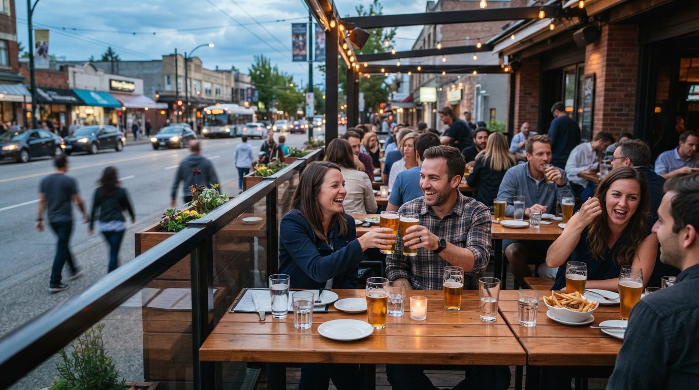 den förhöjda gatueserveringen på Darby's en varm kväll, ölglas och förbipasserande fotgängare på West Broadway