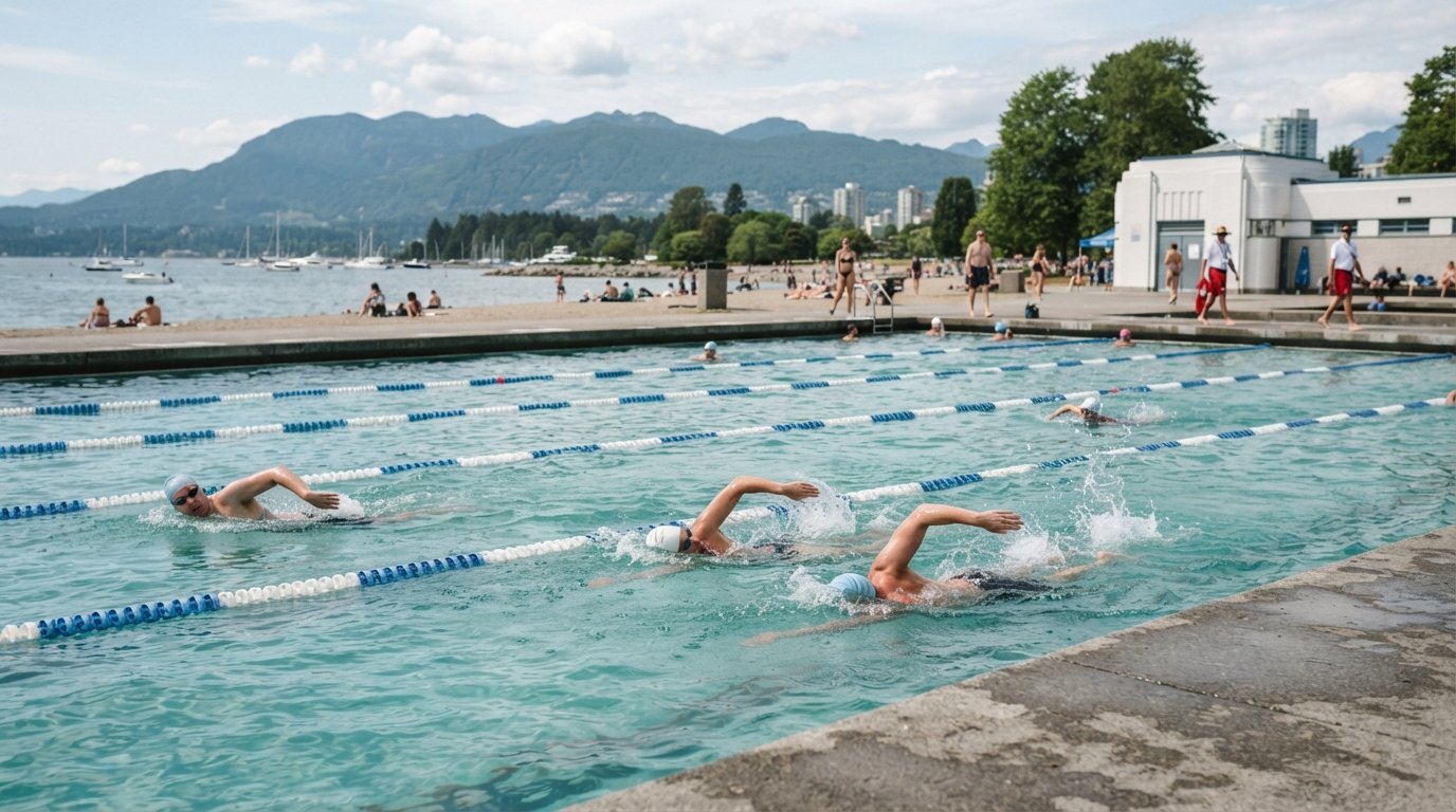 simmare i Kitsilano Pool under en sommareftermiddag, med strandlinjen och English Bay synliga bortom banreporna