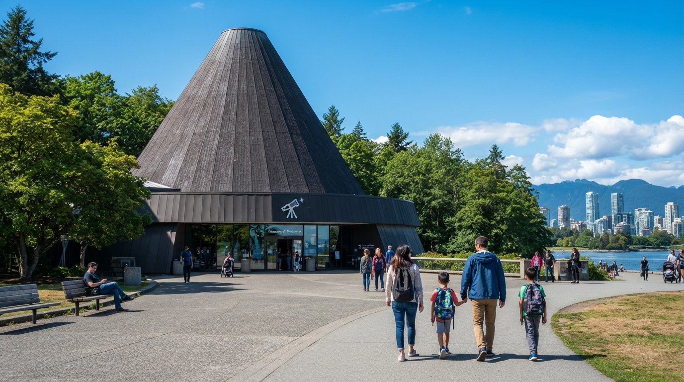 den koniska Vanier Park-byggnaden vid 1100 Chestnut Street som rymmer Museum of Vancouver och H.R. MacMillan Space Centre en klar dag