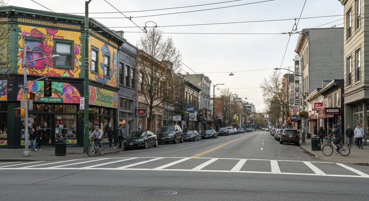 Main Street and Broadway in Mount Pleasant at street level, with large colourful mural walls, bike riders and low-rise storefronts under soft daylight