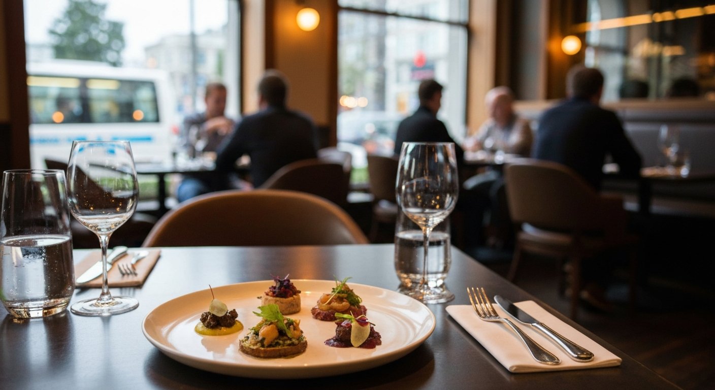 the dining room at Published on Main, a refined tasting menu plate on a dark table with warm restaurant lighting