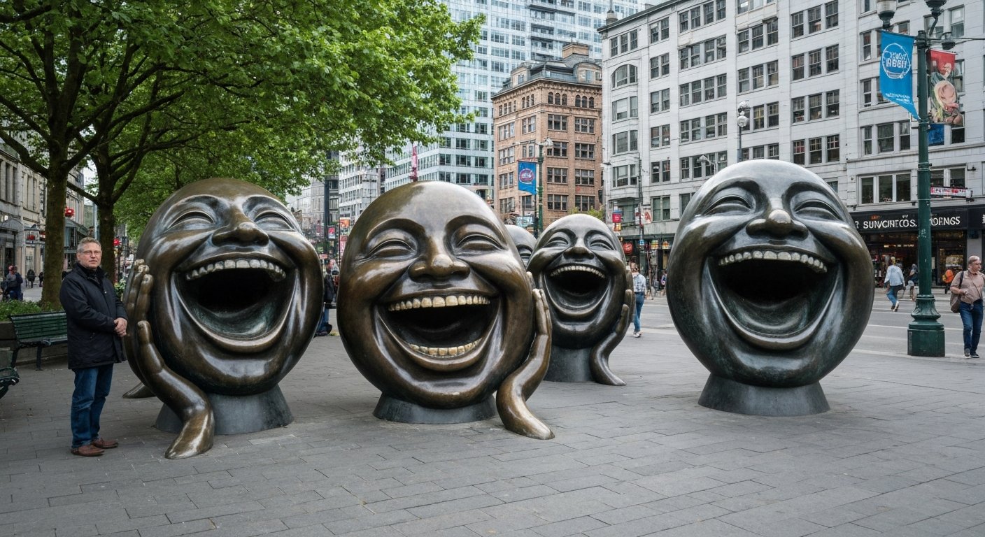 데이비 스트리트 끝 모튼 파크의 A-maze-ing Laughter 청동 인물들, 거대한 웃는 얼굴들이 부드러운 오후 햇살을 받고 있음