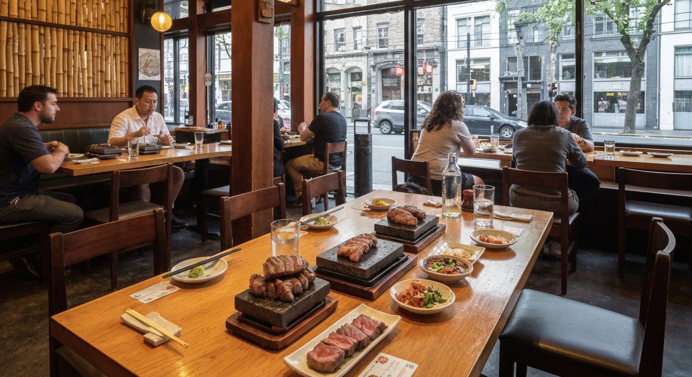 덴만 스트리트의 Kingyo Izakaya, 따뜻한 나무와 대나무 식당에 돌판 구이 소고기와 소접시가 놓여 있음