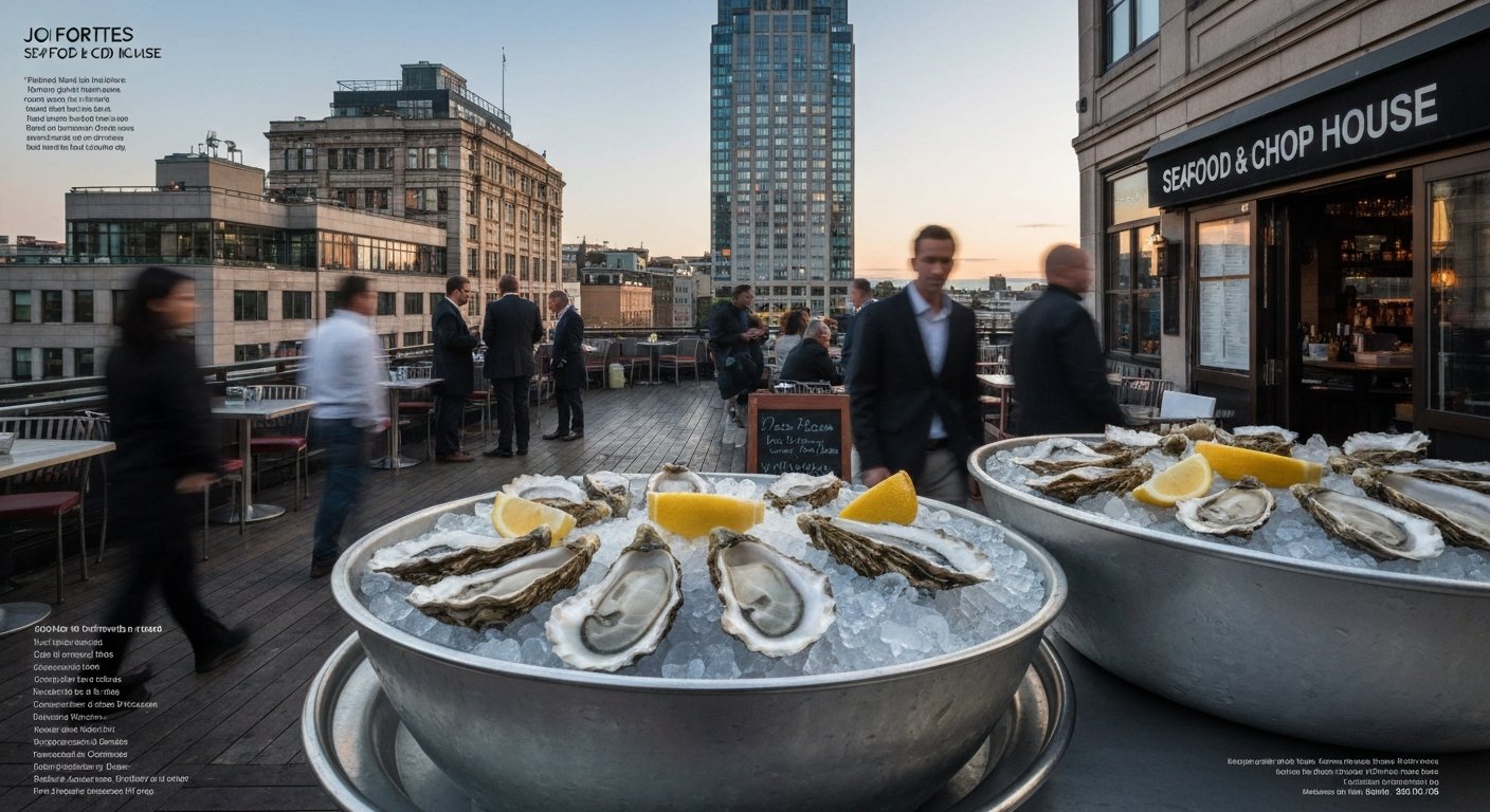 Joe Fortes Seafood & Chop House, 얼음 위의 굴과 저녁 빛으로 상징되는 옥상 테라스 분위기