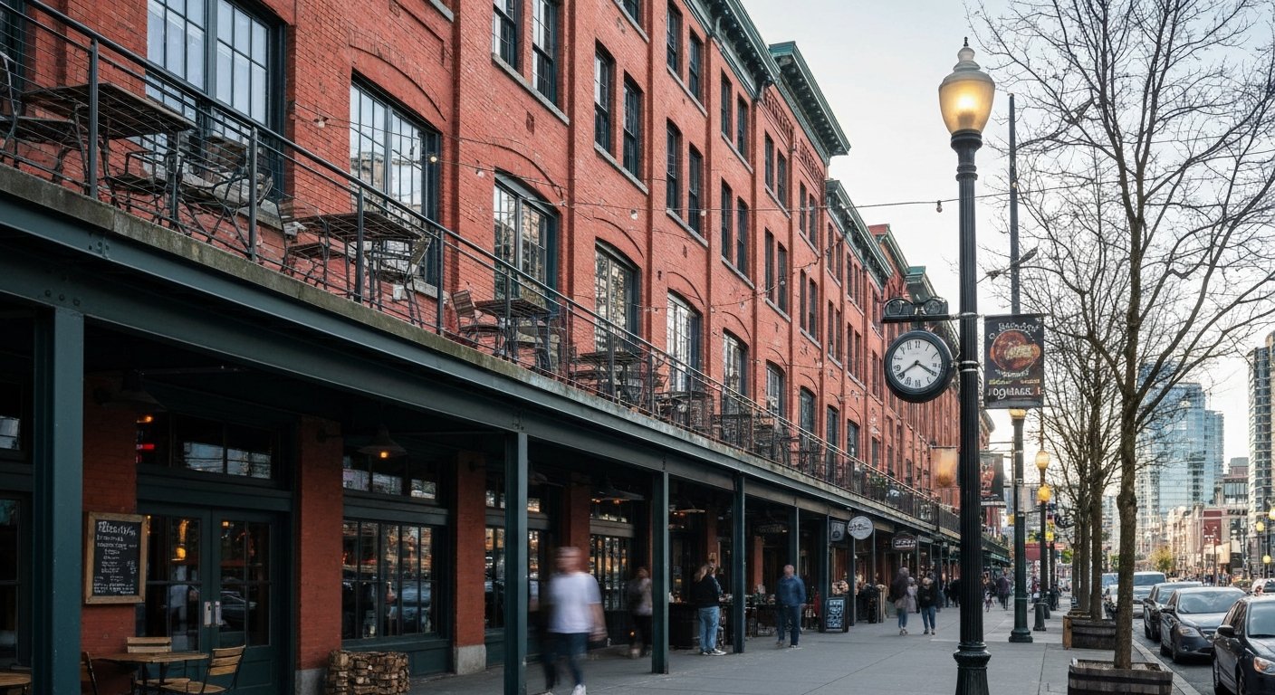 the red-brick warehouse facades and raised loading-dock patios along Mainland Street in Yaletown, late-afternoon light catching the heritage lamp standards and outdoor tables above the sidewalk
