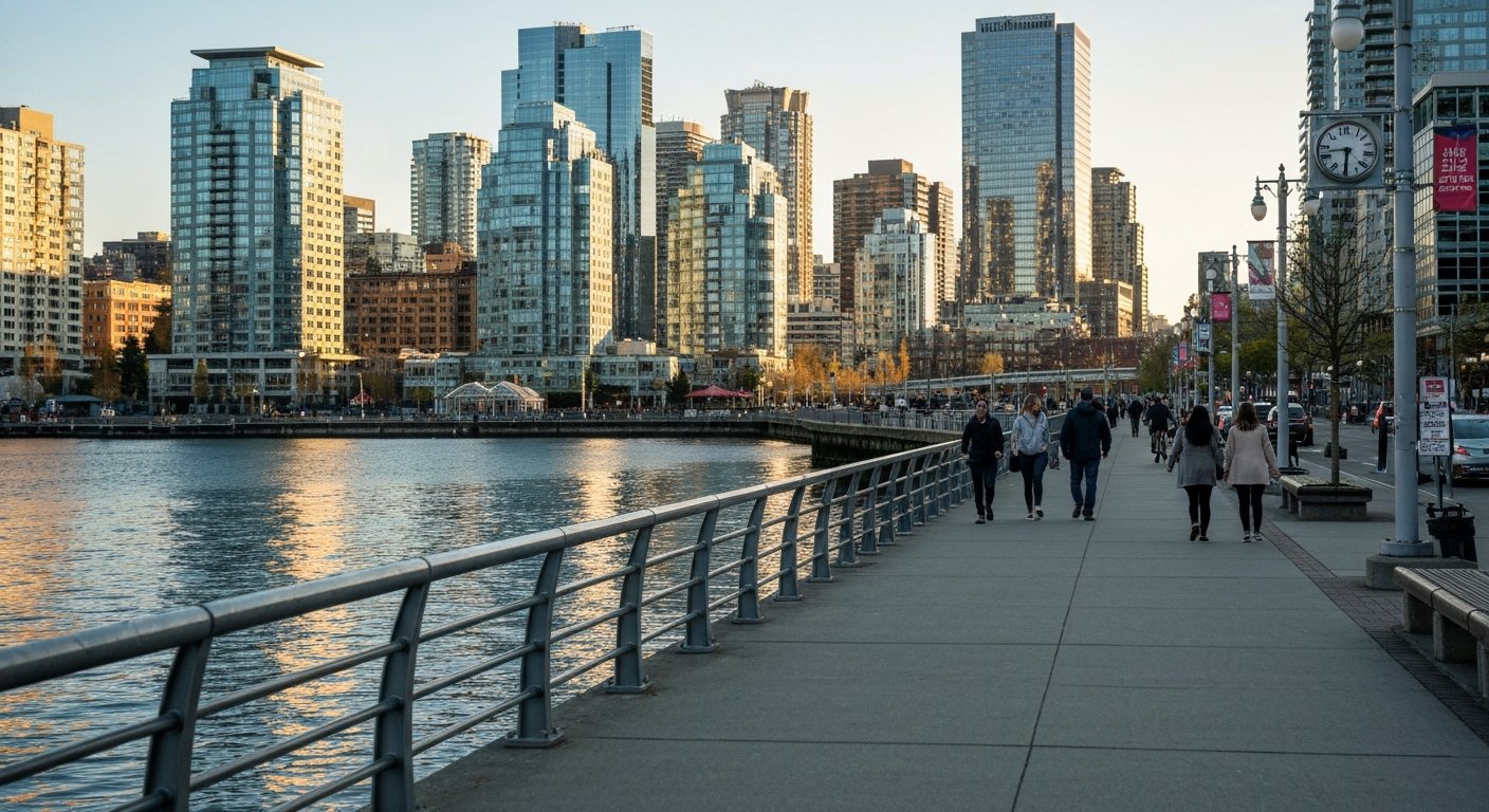 walkers and cyclists on the False Creek seawall in Yaletown at golden hour, water to one side and the glass towers of downtown reflecting the low sun