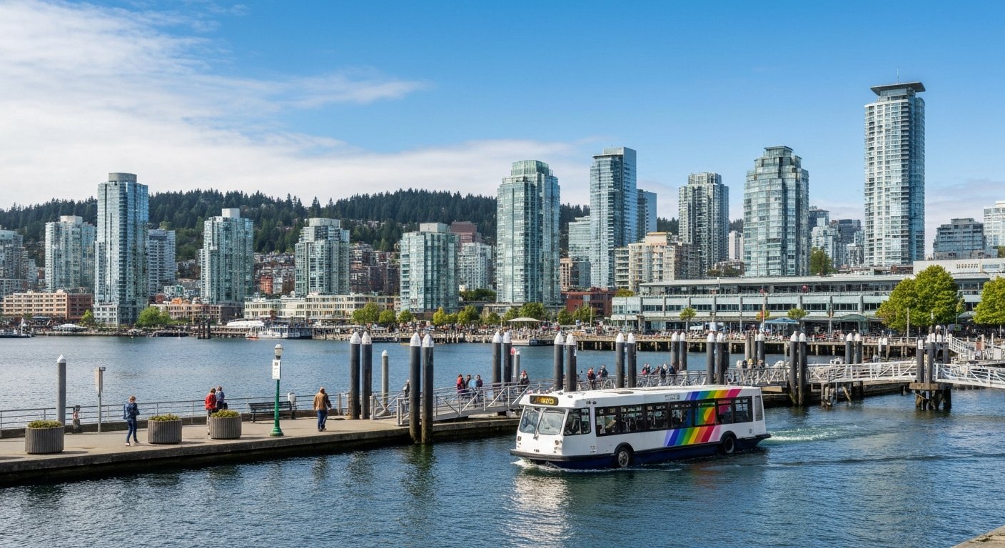 the Yaletown ferry dock at David Lam Park with a small rainbow Aquabus pulling in beside the waterfront, False Creek and downtown towers in the background